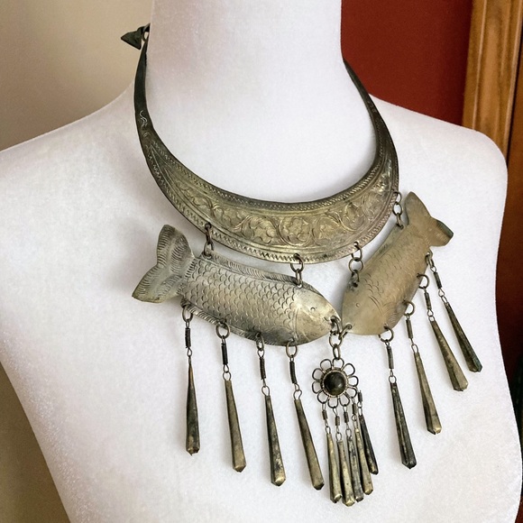Vintage Jewelry - Vintage Hmong Miao Silver Ceremonial Dangling Fish Metal Necklace Boho Collar
